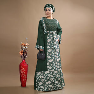 Elegante y Modesto Vestido Kaftan de Rayón con Adornos de Diamantes Swarovski, Panel Floral y Cinturón, Estilo Árabe Dubai, Atuendo Maxi para Mujer - Product Image 1