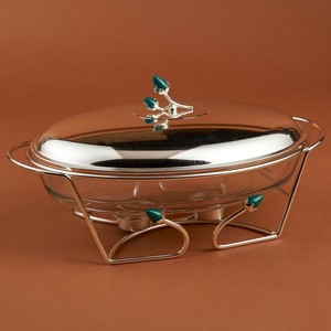 Elegant Oval Shafing Dish Glass Food Warmer Metal Stand & Multi Colour Floral Finial Lid <b>Buffet</b> <b>Server</b> For Party Catering Events - Product Image 3