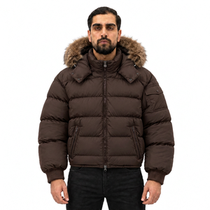 Men's Brown <b>Hooded</b> Puffer <b>Jacket</b> <b>Fur</b> Trim Zipper Closure Windproof Thick Cotton Filled Casual Winter Wear Worsted Fabric - Product Image 1