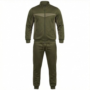 Survêtement vert olive pour homme, fermeture éclair intégrale, col montant, vêtements de sport décontractés avec poches latérales, matière respirante en polyester et coton - Product Image 1