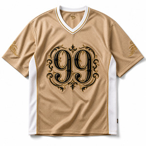 เสื้อเจอร์ซีย์ตาข่ายสไตล์บาสเก็ตบอลผู้ชายขนาดใหญ่พิเศษแบบ OEM สีแชมเปญโกลด์ รุ่น Retro 99 ปักลายสตรีทแวร์ - Product Image 2