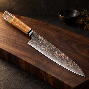 Cuchillo de chef de acero de Damasco de 8 pulgadas con punta caída y borde biselado, mango de madera con incrustaciones de resina, cuchillo de cocina - Product Image 1
