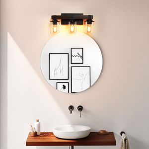 Lampada da Parete Rustica Moderna Stile Fattoria a 3 Luci, Applique Industriale per Bagno con Paralumi in Vetro e Legno - Product Image 1