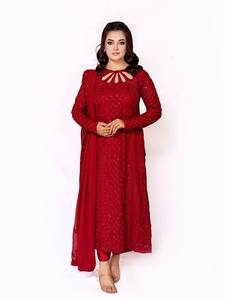 <b>Women</b> Maroon Cotton Embroidered Anarkali <b>Kurti</b> with Dupatta Cutout Neck Floor Length Pakistani Suit <b>for</b> Wedding - Product Image 1