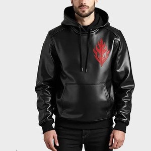 แจ็คเก็ตมอเตอร์ไซค์หนังสีแดงเปลวไฟ - เสื้อฮู้ดหนังสีดำ - Product Image 1
