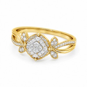 Anillo de Lujo Unisex de Oro Amarillo de 18K con Diamantes Cultivados en Laboratorio, Diseño de Halo Cuadrado con Pétalos y Hojas - Product Image 3