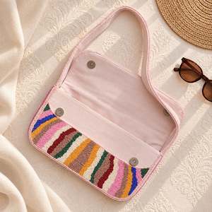 Bolso de Hombro de Lino para Mujer, Estilo Bohemio Indio, Diseño de Diseñador, Impermeable, Ecológico, Hecho a Mano, con Cuentas, para la Noche, Compras o Uso Diario - Product Image 5