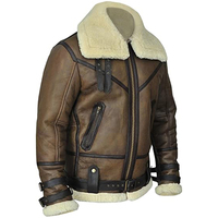 Veste d'aviateur en cuir véritable marron pour homme avec doublure en fausse fourrure, fermeture éclair, coupe-vent, style motard d'hiver