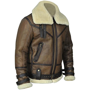 Veste d'aviateur en cuir véritable marron pour homme avec doublure en fausse fourrure, fermeture éclair, coupe-vent, style motard d'hiver - Product Image 2