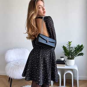 Robe mini noire à fleurs et sequins pour femme, élégante, à manches ballon transparentes, dos ouvert, taille nouée, pour soirée, cocktail, mode - Product Image 5