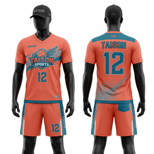 Uniforme de volley-ball pour homme en mesh polyester respirant Elite 180 GSM, panneaux contrastés corail et turquoise, léger, séchage rapide, logo sublimé. - Product Image 1