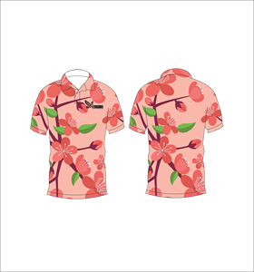 เสื้อโปโลลายดอกซากุระสีชมพู ลายกิ่งสีแดง ลายใบไม้สีเขียว แขนสั้น ลำลองสำหรับฤดูร้อน มุมมองด้านหน้าและด้านหลัง - Product Image 2