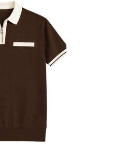 Customized <b>Mens</b> Brown Quarter Zip Polo <b>Shirt</b> With <b>White</b> Contrast Collar Short Sleeve <b>Casual</b> Custom Manufacturer Summer Wear - Product Image 3