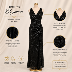 Women Black <b>Sequin</b> Maxi Dress V Neck Sleeveless Ruched Bodycon Evening Gown Elegant Sparkle Formal Wedding Party Prom Cocktail - Product Image 5