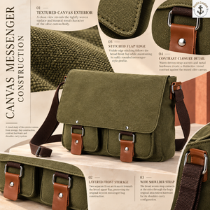Retro Canvas Messenger <b>Crossbody</b> <b>Bag</b> for <b>Men</b> | Olive Green Shoulder Satchel with Layered Front Pockets Wide Adjustable Strap <b>Bag</b> - Product Image 5