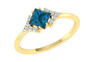 Anillo de moda 2026: Anillo delicado de oro amarillo de 14k con topacio azul de Londres de corte cuadrado de 5 mm y medio halo de diamantes, listo para enviar. - Product Image 2