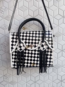 New Designer Hand Tooled Leather Fringe Checkered Pattern Genuine Leather Handbag Big Size <b>Shoulder</b> <b>Strap</b> For Women Daily Use - Product Image 1