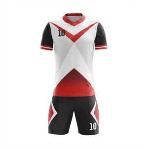 Ensemble de maillot de football pour hommes, sublimé, col en V, manches courtes, 100% polyester respirant, design géométrique, rouge, noir, blanc - Product Image 2