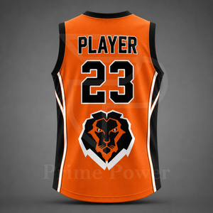 Camiseta de Baloncesto Personalizada Naranja y Negra con Logotipo de León Sublimado, Transpirable, Unisex, sin Mangas, Cuello en V, para Adultos - Product Image 3