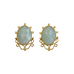 Boucles d'oreilles clous vintage plaquées or avec jade, serties d'ovales en alliage, bijoux fantaisie pour femme en amazonite - Product Image 1