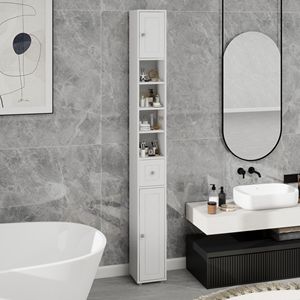 Mobiletto da Bagno Alto e Sottile da 180 cm, Autoportante, con 1 Cassetto, 2 Ante e 4 Ripiani Regolabili Bianchi - Product Image 1
