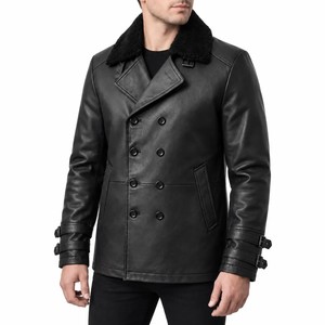 Abrigo de Cuero Negro de Lujo para Hombre, Estilo Peacoat, Cuello de Piel de Oveja, Cierre de Ocho Botones, Chaqueta de Cuero Cálida para Invierno, OEM - Product Image 3