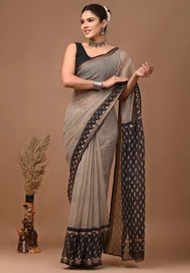 Sari en coton mélangé Kota Doria rayé et imprimé pour femme KV avec chemisier non cousu (noir) - Product Image 4