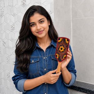 Nuevo Cepillo para el Cabello de Cuero Hecho a Mano con Diseño Minimalista Moderno de Girasol, Forma Rectangular, Uso Diario, Estilo Rajasthan - Product Image 3