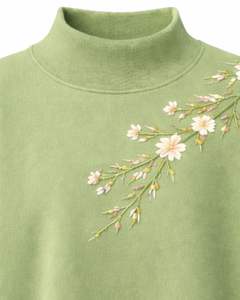 Sweat-shirt à col montant vert olive clair pour femme, broderie florale, manches longues, pull décontracté d'hiver, mélange de coton doux, haut pour femme - Product Image 5
