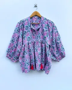 Vestido Mini Casual de Verano con Estampado Floral de Algodón Morado Bohemio, Manga Abullonada, Corte Holgado y Cuello con Lazos - Product Image 2