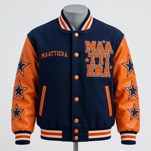 <b>Men</b> <b>Jacket</b> Navy Orange Leather Sleeve Embroidered MATTIERA Back <b>Letter</b> Design Preppy Style Autumn Wear - Product Image 2