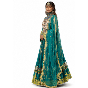 Lehenga Choli de seda verde con dupatta azul bordada, ropa de boda para mujer, largo hasta el suelo, vestidos indios afganos Kuchi. - Product Image 4