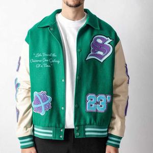 เสื้อแจ็คเก็ตหนังแท้ปักลาย Chenille สำหรับผู้ชายเสื้อเบสบอลมีปกคอตั้งลายตัวอักษร - Product Image 3