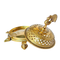 Brûleur d'encens en laiton antique avec poignée et couvercle en travail de filigrane, Dhoop Dani traditionnel pour Bakhoor, Oud et parfums d'intérieur