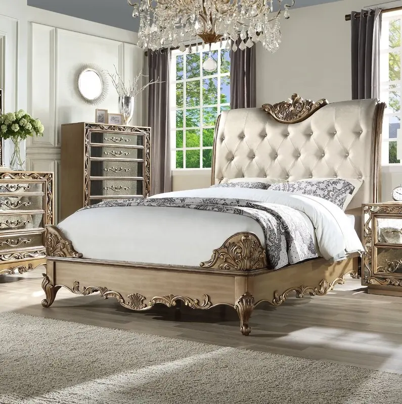 Lüks fransız rokoko tarzı yatak odası takımları ahşap ahşap yataklar altın rengi İtalya tarzı yatak odası mobilyası yüksek kaliteli oyma ucuz