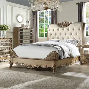 豪华法国洛可可风格卧室套装木质木床金色意大利风格卧室家具高品质雕刻便宜