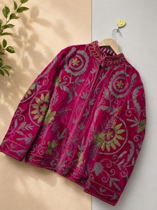Stunning Bohemian Timeless Elegance Vintage Inspired Magenta <b>Velvet</b> Embroidered <b>Jacket</b> Coat Artisan Statement Layering <b>Jacket</b> - Product Image 4