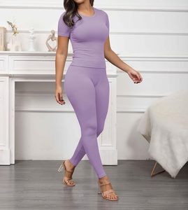 Women Ribbed Knit 2 Piece <b>Set</b> Short Sleeve Bodycon Top Full Length Leggings Solid Color <b>Sexy</b> Club Outfit Spring Summer Wear - Product Image 2