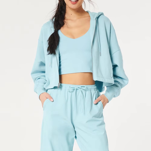 Sweat à capuche court unisexe personnalisé pour l'hiver, bleu clair, en coton, style décontracté streetwear, impression numérique, OEM ODM - Product Image 2