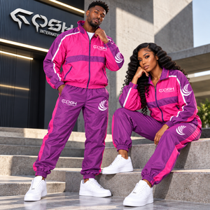 Unisex Tracksuit Set Pink Purple Color Block Sporty Full <b>Zip</b> Windbreaker <b>Joggers</b> <b>with</b> Side <b>Pockets</b> and Logo Print - Product Image 5