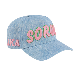 หมวกแก๊ปยีนส์ AKA Light Denim Soror สีฟ้าอ่อน ปรับขนาดได้ พร้อมตัวอักษรปักสีชมพู หมวกเบสบอลลำลองสำหรับกิจกรรมกลางแจ้ง - Product Image 2
