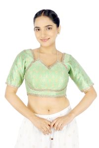 Chemisier court ample en soie brodée vert menthe à manches courtes et col en V pour femme, grande taille, printemps/hiver, été, mariage, tenue ethnique - Product Image 1