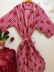 Bata Kimono con Estampado Floral 100% Algodón, Cuello en V, con Cordón Ajustable, para Mujer, Manga 3/4, Largo hasta el Tobillo, Ligera, Transpirable, para Spa de Verano - Product Image 1
