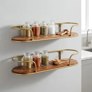 Brass Finish Metal Wall Shelf with Wooden Panel Decorative Floating Display <b>Rack</b> <b>Storage</b> Organizer for <b>Kitchen</b> Bathroom Entryway - Product Image 5