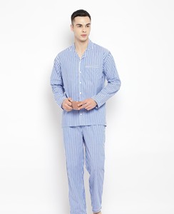Ensemble de pyjama pour homme à manches longues rayé bleu et blanc en coton, vêtements de nuit décontractés avec poche, pour le printemps - Product Image 4