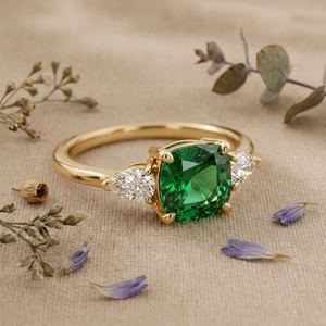 14K 18K Gold <b>Emerald</b> Green Cushion Cut Engagement <b>Ring</b> Pear Side Stone Promise <b>Ring</b> for Women - Product Image 2