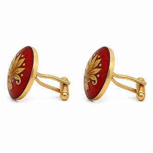 Mancuernillas de lujo personalizadas de latón con esmalte rojo y motivo de flor de lis dorada, mancuernillas metálicas para hombre, para blazer, sherwani, traje jodhpuri. - Product Image 1