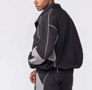 Men's Black Sporty <b>Track</b> <b>Jacket</b> With White Trim Stand Collar Zipper Front Breathable Polyester Outer Wear Set - Product Image 4