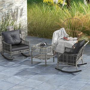 Set di 3 sedie a dondolo da esterno in rattan PE grigio resistente alle intemperie con piano del tavolo in vetro temperato e struttura in ferro - Product Image 2