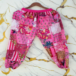 Eclectic Patchwork Cotton <b>Harem</b> <b>Trousers</b> with Bohemian Floral Patterns Wide Leg Relaxed Silhouette for Lounge - Product Image 1